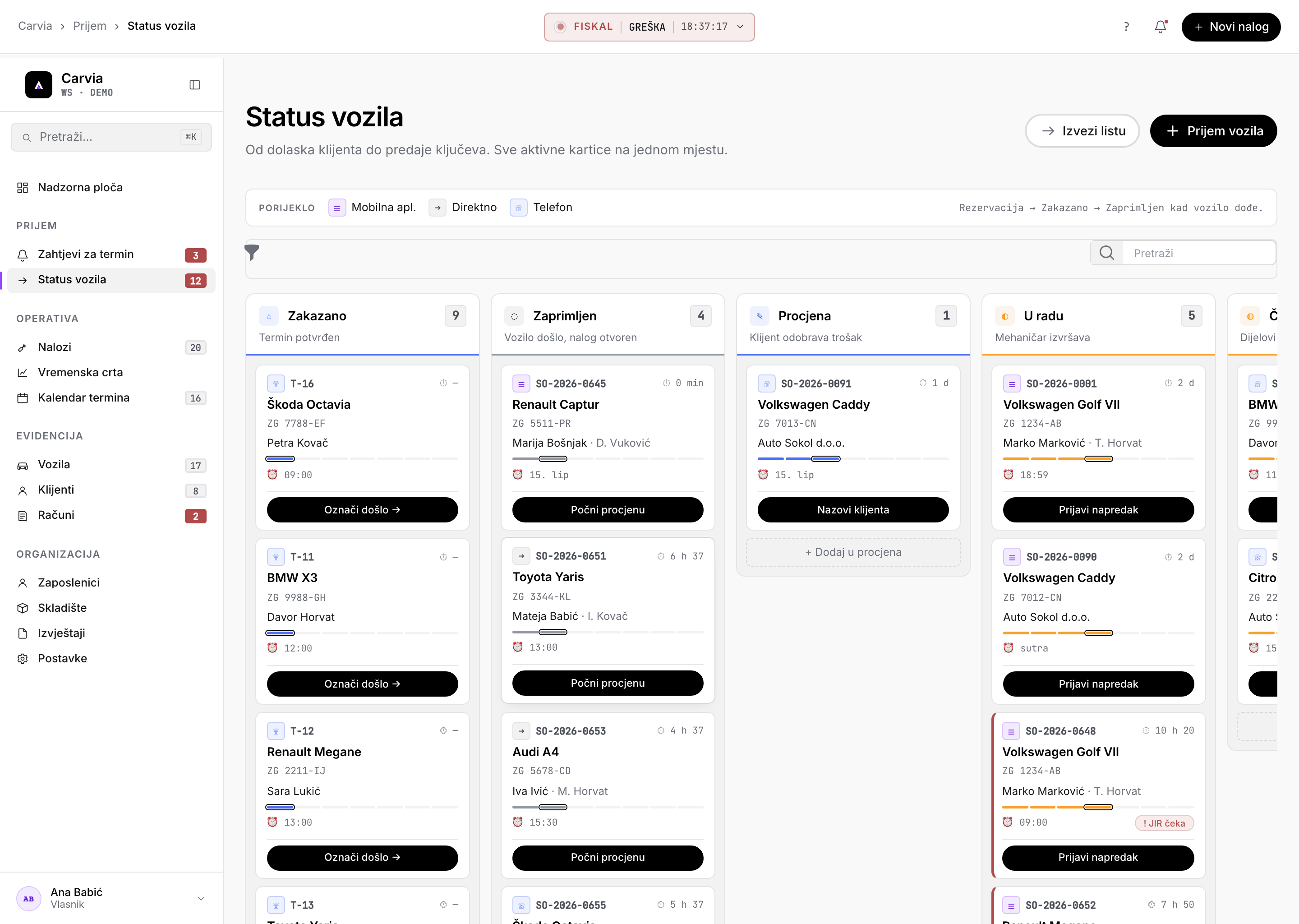 Status vozila — kanban ploča s kolonama Zakazano, Zaprimljen, Procjena i U radu te karticama vozila