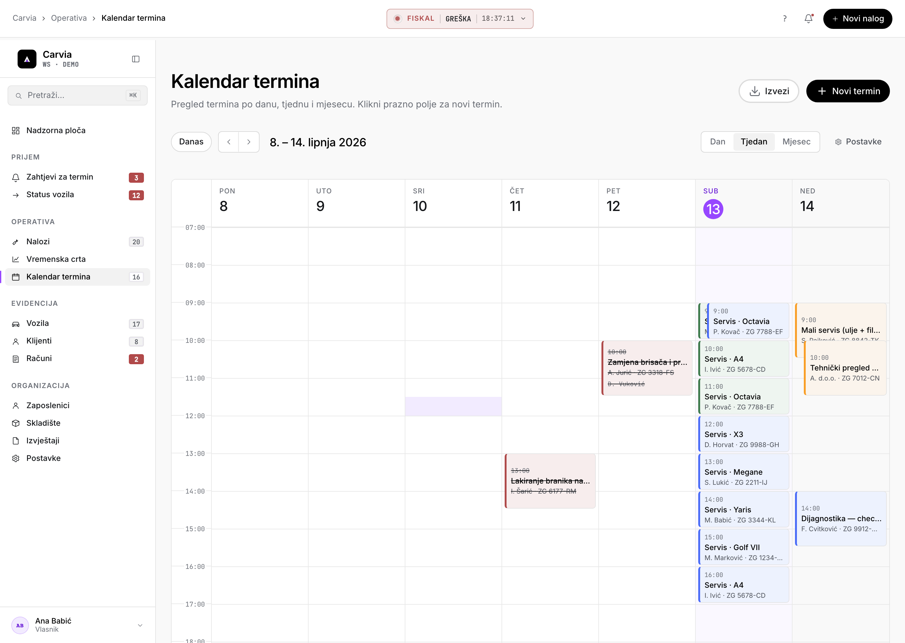 Carvia kalendar termina: tjedni pregled s terminima servisa po danima i registracijama vozila.